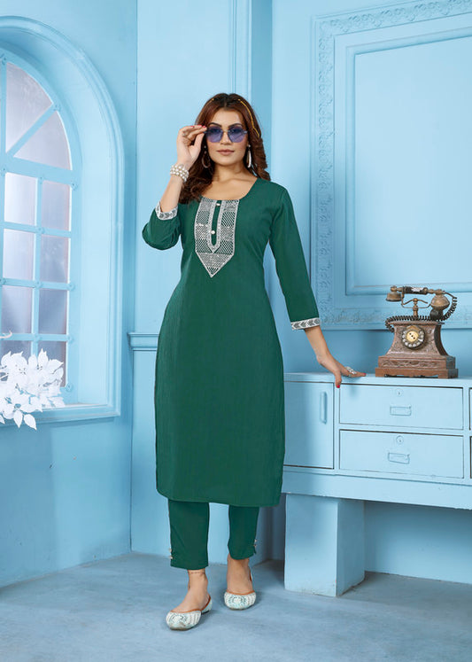 Green Coloured Rinkal Cotton with Embroidery Work Round Neck 3/4 sleeves Women Designer Party/ Casual wear Kurti with Pant!!