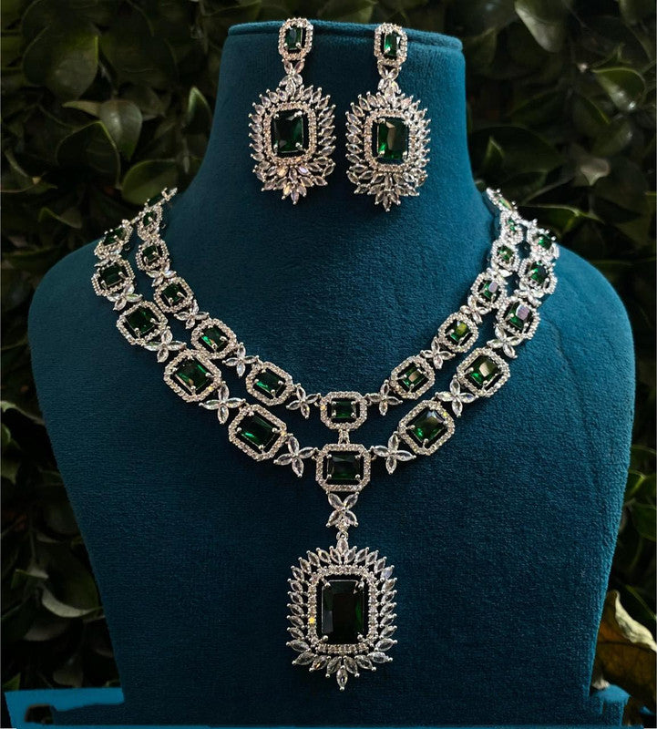 White with Dark Green Coloured Real Kundan American Diamonds with CZ Silver Plated 2 Layered Women Designer Beautiful Necklace Set with Earrings!!