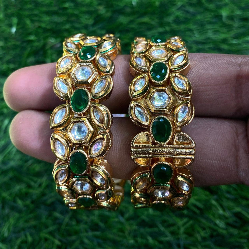 Gold with Green Coloured Pure Brass with Kundan & One Gram Gold Plated Women Designer Beautiful Bangales Openable Kada Set!!