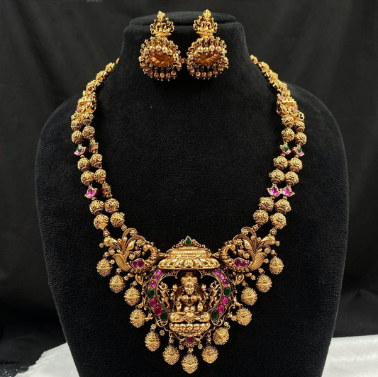 Gold with Dark Pink Coloured Pure Brass Real Campo Women Lakshmi Design Temple Long Necklace Set with Earrings!!