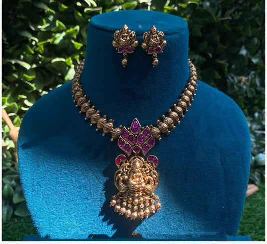 Gold with Dark Pink Coloured Pure Brass Real Campo Women Lakshmi Design Temple Necklace Set with Earrings!!