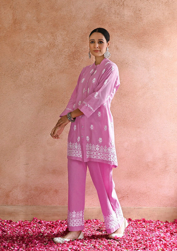 Pink Coloured Heavy Rayon with Chikankari Embroidery Work Women Designer Party/Casual wear Co-Ord Set- Top with Bottom!!