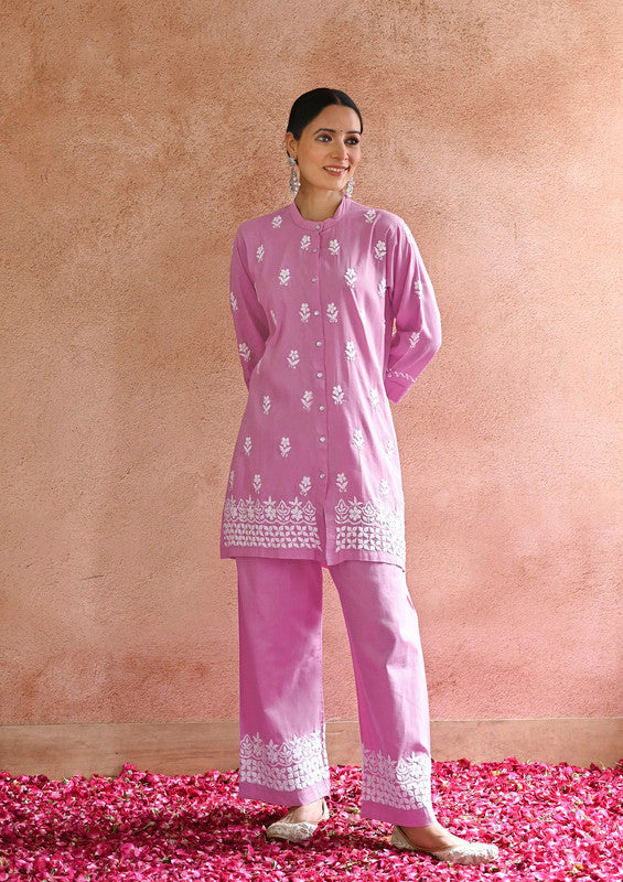 Pink Coloured Heavy Rayon with Chikankari Embroidery Work Women Designer Party/Casual wear Co-Ord Set- Top with Bottom!!