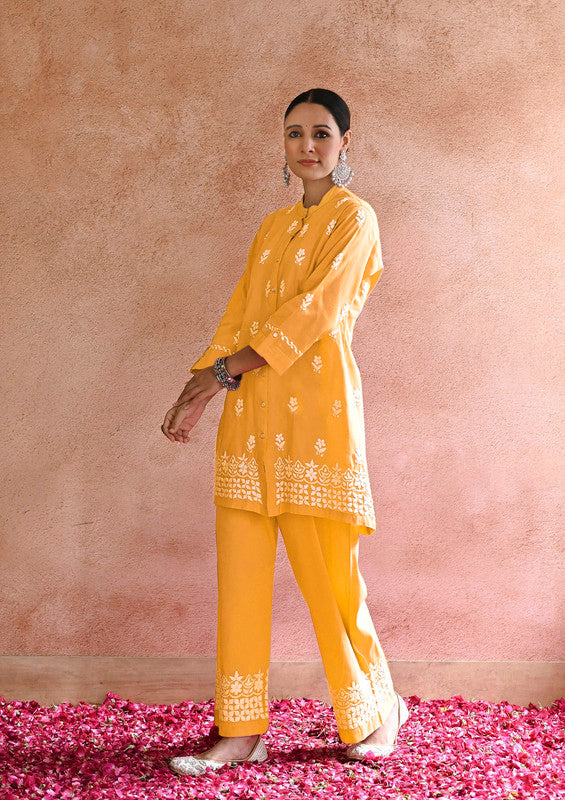 Yellow Coloured Heavy Rayon with Chikankari Embroidery Work Women Designer Party/Casual wear Co-Ord Set- Top with Bottom!!