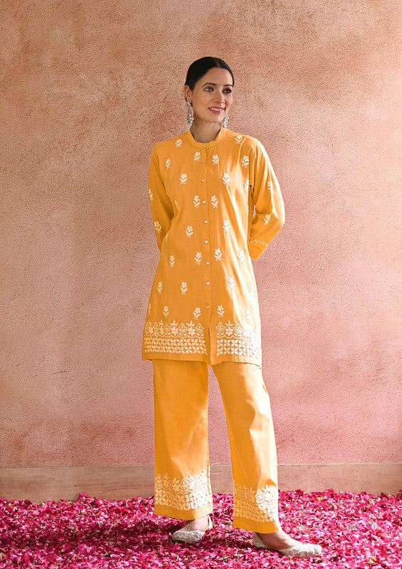 Yellow Coloured Heavy Rayon with Chikankari Embroidery Work Women Designer Party/Casual wear Co-Ord Set- Top with Bottom!!