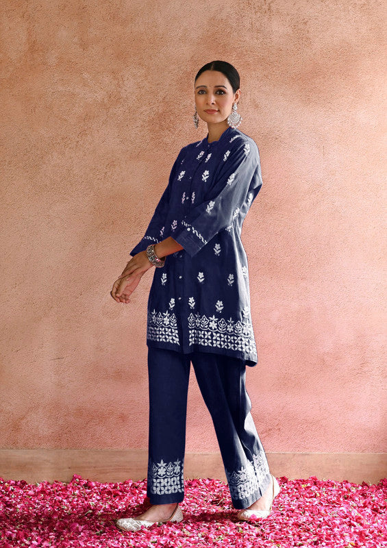 Navy Blue Coloured Heavy Rayon with Chikankari Embroidery Work Women Designer Party/Casual wear Co-Ord Set- Top with Bottom!!