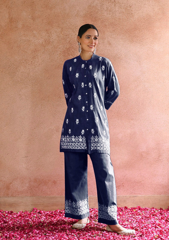 Navy Blue Coloured Heavy Rayon with Chikankari Embroidery Work Women Designer Party/Casual wear Co-Ord Set- Top with Bottom!!