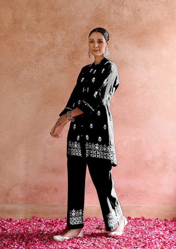 Black Coloured Heavy Rayon with Chikankari Embroidery Work Women Designer Party/Casual wear Co-Ord Set- Top with Bottom!!