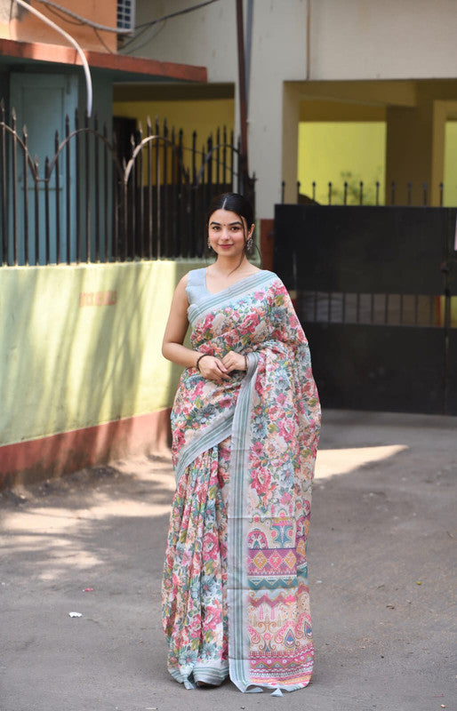 Grey & Multi Coloured Heavy Linen with Beautiful Digital Print Women Party/Casual wear Cotton Saree with Running Blouse!!