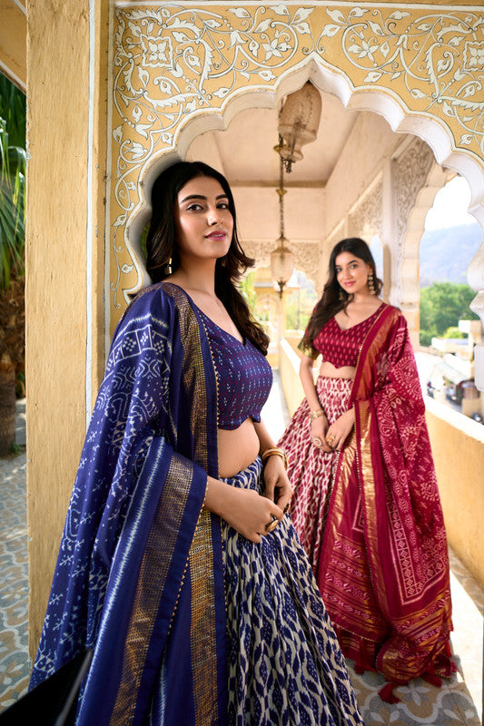 Maroon & Multi Coloured Tussar Silk with Beautiful Ikkat Print & Foil work Women Ethnic Festival wear Lehenga Choli & Dupatta!!