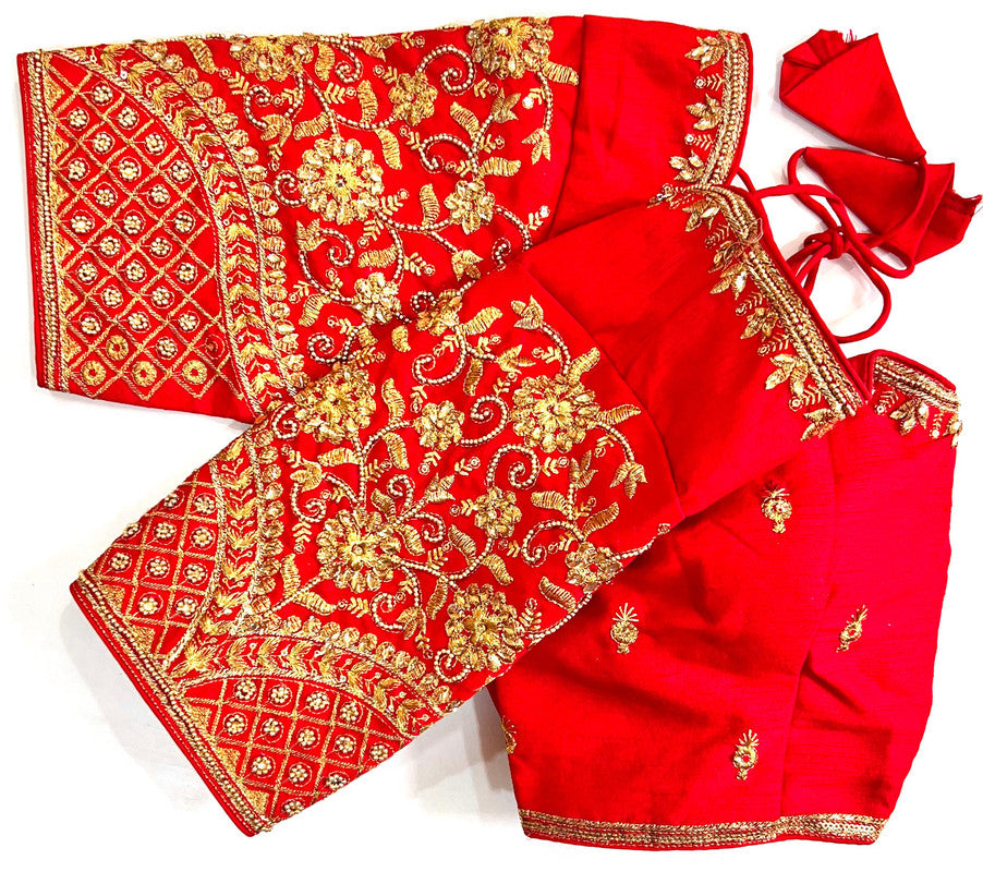 Red Coloured Heavy Banarasi Silk with Jari , Thread & Khatli Hand Work Woman Designer Wedding Ready made Blouse - 38 Size Fits Up to 40 Inch!!