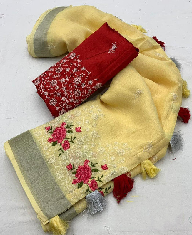 Lemon Yellow Coloured Pure Linen Cotton with Silver Zari & White thread Multi Embroidery Chikankari Work Linen Saree with Phantom Silk Blouse!!