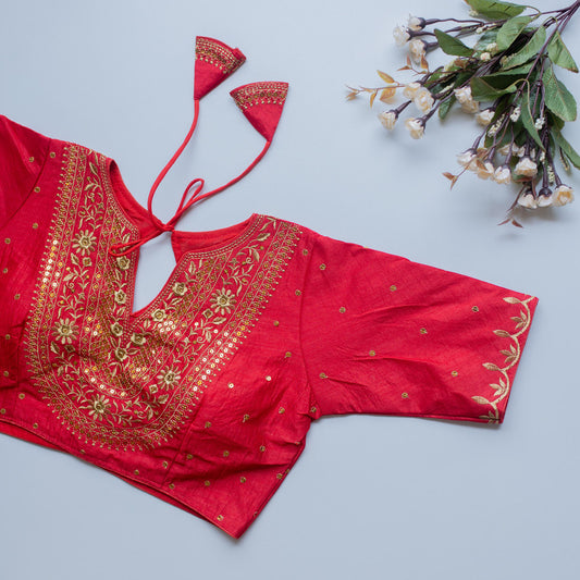 Red Coloured Olive Silk with Golden Embroidery with Sequence Work Woman Designer Ethnic/Partywear Ready made Blouse - 38 Size Fits Up to 40 Inch!!