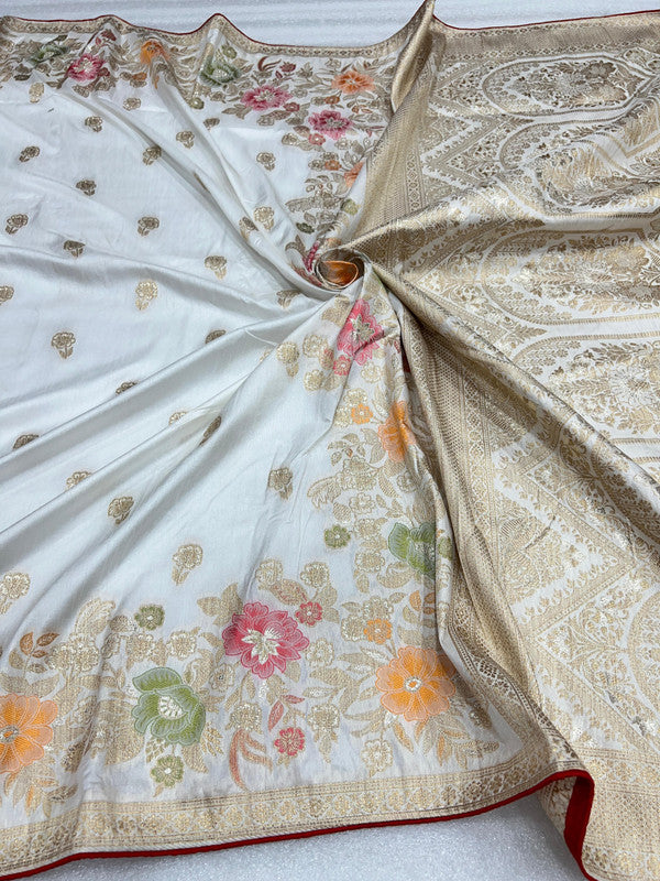 White & Multi Coloured Dolla silk with Meenakari & Zari Weaving Work Women Ethnic wear Soft Silk Saree with Contrast Running Blouse!!