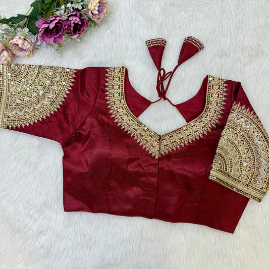 Maroon Coloured Heavy Soft Milan Silk with Tricot Fuising, Embroidery, Thread & Sequence Woman Designer Partywear Ready made Blouse - 40 Size Fits Up to 42 Inch!!