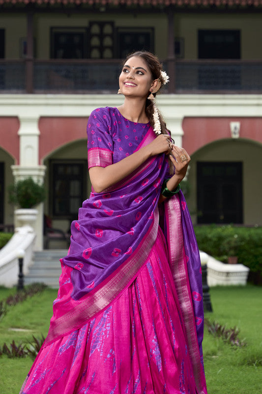 Rani Pink & Purple Coloured Dola Silk & Shibori Print with Zari Weaving Border Women Ethnic Festival wear Lehenga Choli & Dupatta!!