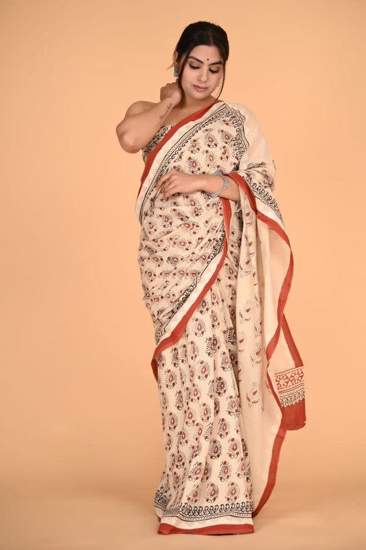 Brick Red with Beige Coloured Pure Cotton with Beautiful Applique Hand Cut Work Women Party/Casual wear Hand Block Printed Cotton Saree with Blouse!!