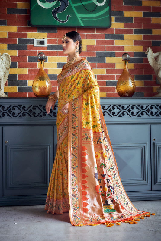 Yellow & Multi Coloured Meena & Zari weaves with Paithani work Women Ethnic wear Banarasi Soft Silk Patola Saree with Contrast Brocade Blouse!!