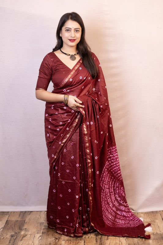 Maroon Coloured Chanderi Cotton with Bandhani Print & Big Tied Pallu Women Party/Festival wear Chanderi Cotton Saree with Aari Mirror Blouse!!