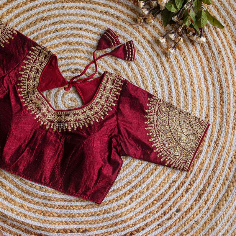 Maroon Coloured Lucknowi Silk with Golden Embroidery with Sequence work Woman Designer Ethnic/Partywear Ready made Blouse - 38 Size Fits Up to 40 Inch!!