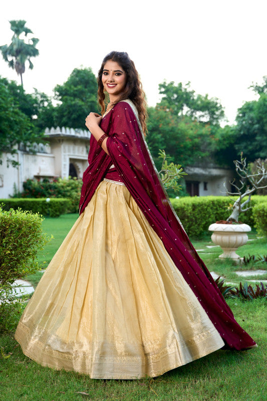 Gold & Maroon Coloured Kanchipuram Silk with Zari Weaving Work Women Ethnic Festival wear Lehenga Choli & Dupatta!!