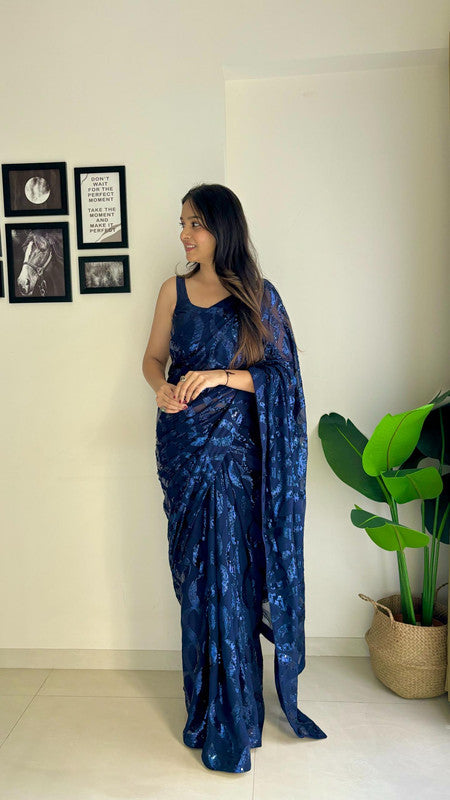 Navy Blue Coloured with Dual Sequence work with back patch support lace border Women Designer Fancy Georgette Saree with Sequence Blouse!!