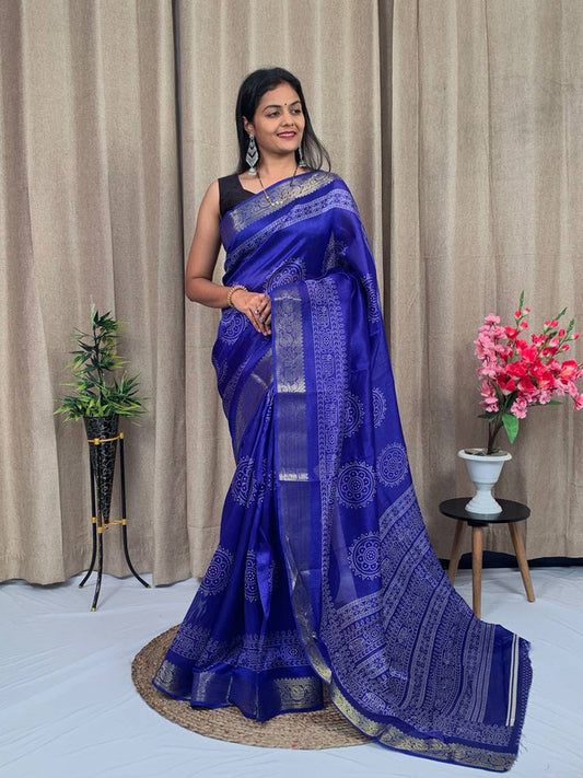 Blue & Multi Coloured with Golden Zari & Zig Zag Border Women Designer Soft Tusser Silk Saree with Contrast Blouse!!
