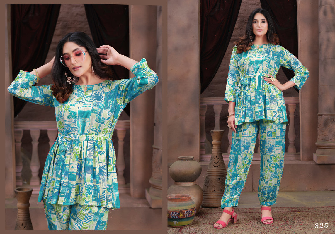 Aqua Blue & Multi Coloured Premium Rayon with Floral Print Round Neck Three-quarter sleeves Women Casual/Daily wear Western Co-ord Set!!