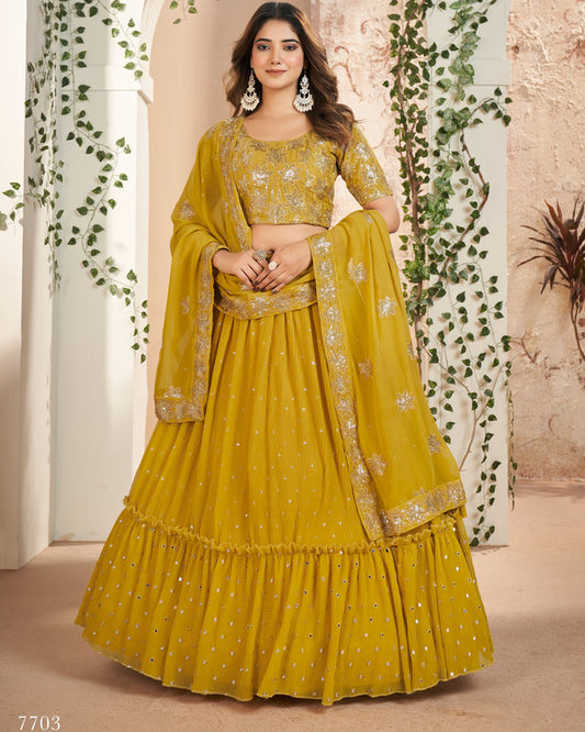 Yellow Coloured Faux Georgette Thread & Sequence Embroidery Work Work Woman Designer Party wear Lehenga Choli & Dupatta!!