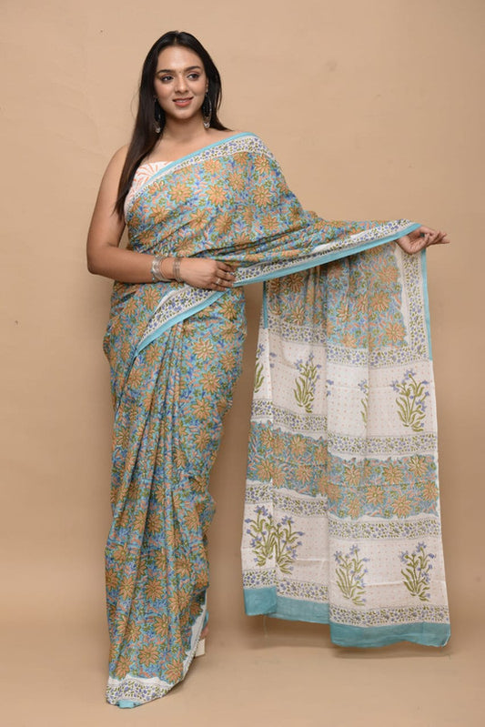 Green & Multi Coloured Pure Cotton with Exclusive Hand Block Printed Women Party/Casual wear Cotton Saree with Blouse!!