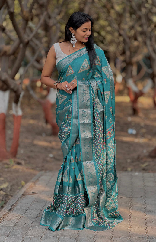 Light Rama Blue & Multi Coloured with 9 Inch Patta with Leheriya work, Jacquard Border Women Designer Dola Silk Saree with Blouse!!