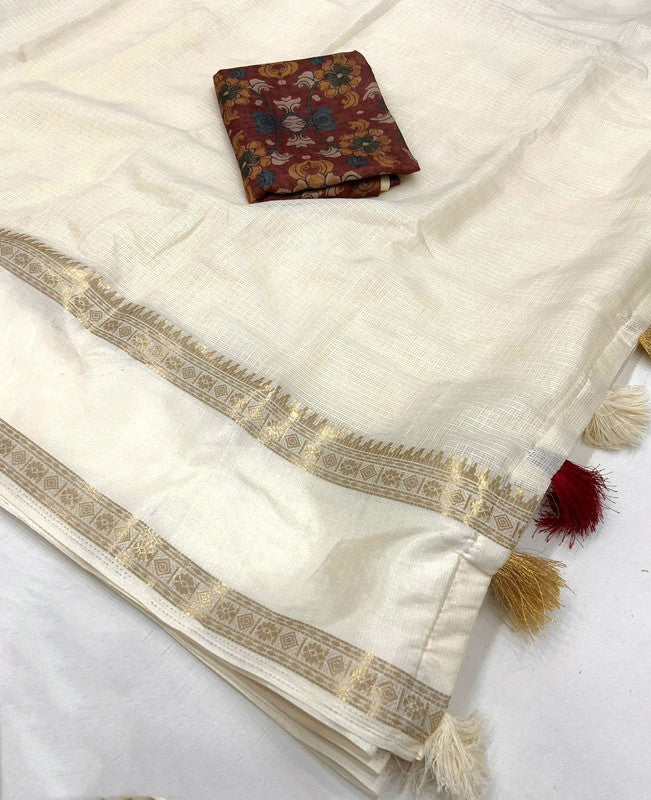 Off White Coloured Kota Silk with Zari & Shine Sartin Woven Bentex Border Women Ethnic/Festival wear Plain Kota Silk Saree with Kalamkari Blouse!!