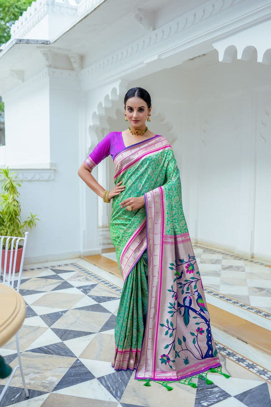 Green & Multi Coloured Soft Kanjivaram Silk with Rich Paithani Pallu Women Ethnic/Festival wear Soft Silk Saree with Contrast Blouse!!