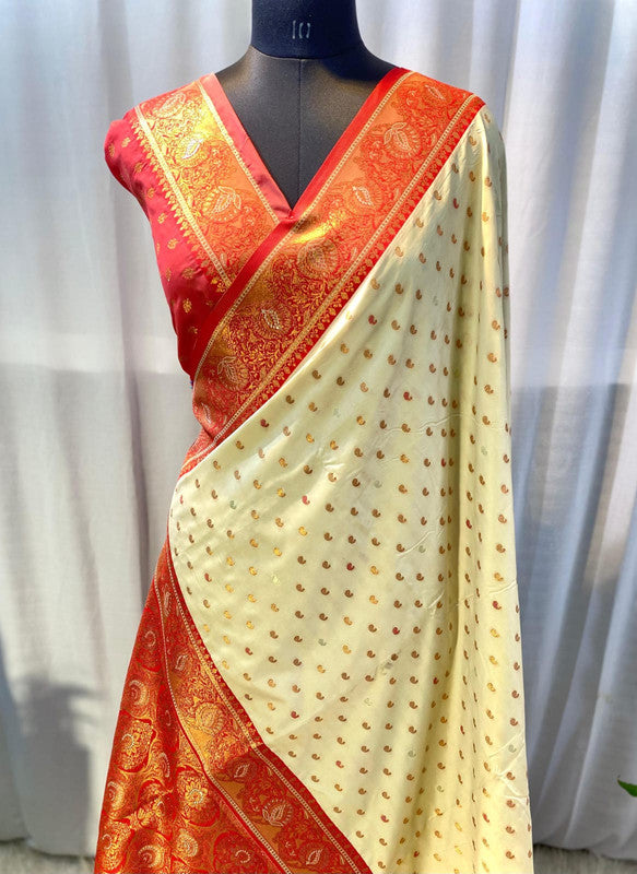 Cream with Red & Multi Coloured Soft Paithani silk with Weaving Border & Rich Pallu Women Festival/ Party wear Silk Saree with Blouse!!