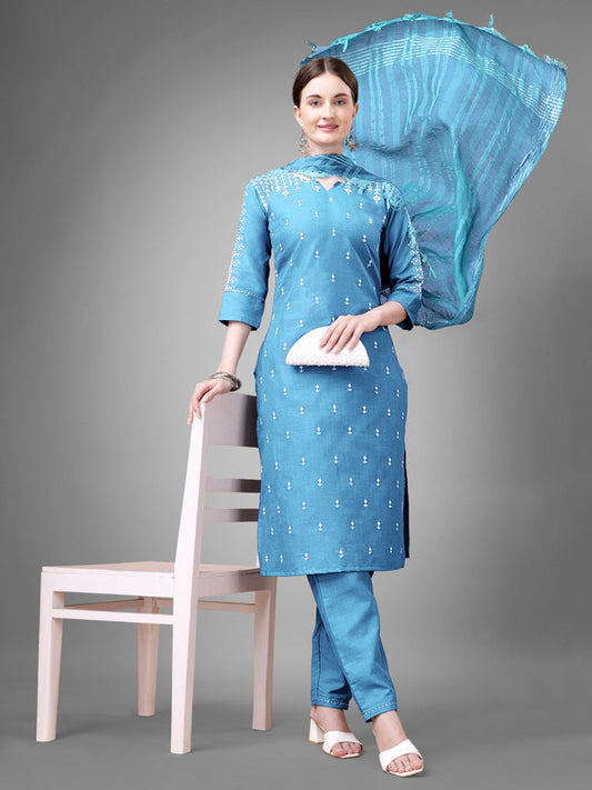 Sky Blue Coloured Cotton Blend with Sequence Embroidery work Women Designer Party wear Kurta with Pant & Silk Blend Dupatta!!