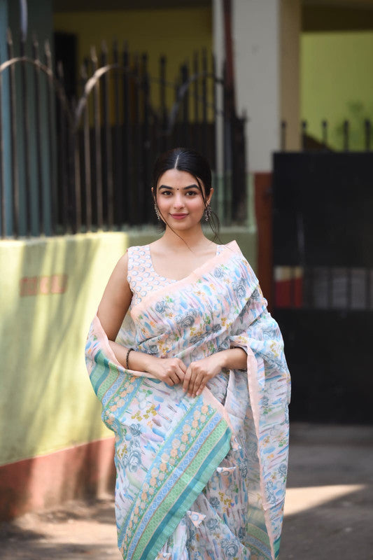 White & Multi Coloured Heavy Linen with Beautiful Digital Print Women Party/Casual wear Cotton Saree with Running Blouse!!