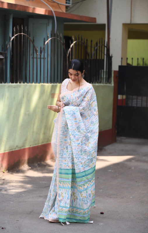 White & Multi Coloured Heavy Linen with Beautiful Digital Print Women Party/Casual wear Cotton Saree with Running Blouse!!