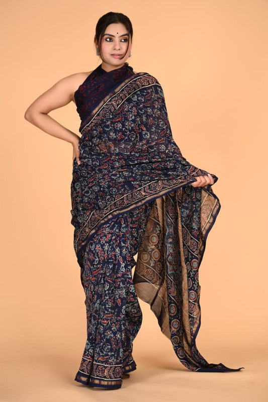 Navy Blue & Multi Coloured Chanderi Silk with Hand Block Printed Women Party/Traditional Wear Chanderi Silk Saree with Blouse!!