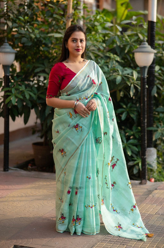 Sea Green with Red & Multi Coloured Manipuri Kota Chex with Worli style Embroidery work Women Party/Festival wear Kota Silk Saree with Malbery Silk Blouse!!