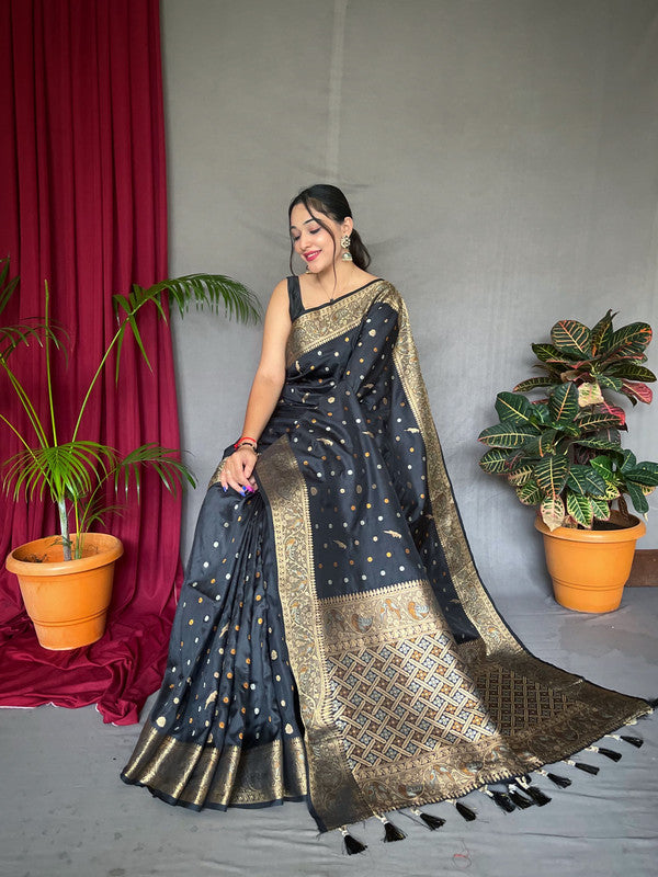 Black & Multi Coloured with Copper & Golden Zari & Beautiful Motifs, Rich Pallu Women Designer Soft Silk Saree with Blouse!!