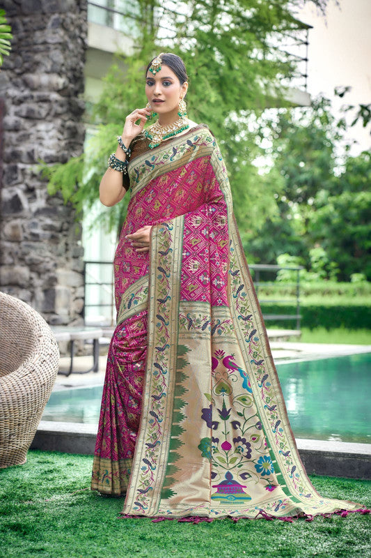 Dark Pink & Multi Coloured Meena & Zari weaves with Paithani work Women Ethnic wear Banarasi Soft Silk Patola Saree with Contrast Brocade Blouse!!