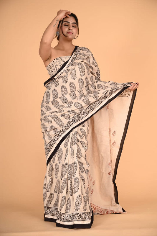 Black with Beige Coloured Pure Cotton with Beautiful Applique Hand Cut Work Women Party/Casual wear Hand Block Printed Cotton Saree with Blouse!!