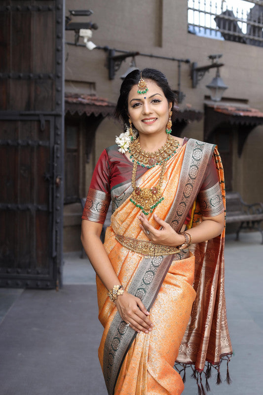 Orange & Maroon Coloured Pure Soft silk with Exclusive Zari border Women Party/Festival Wear Soft silk Saree with Blouse!!