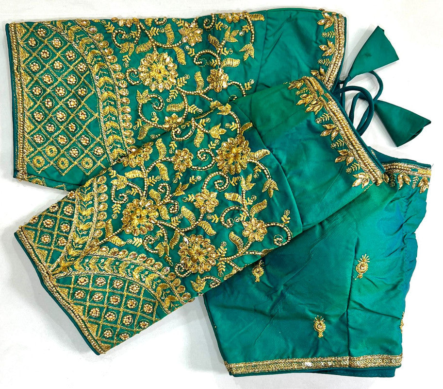 Green Coloured Heavy Banarasi Silk with Jari , Thread & Khatli Hand Work Woman Designer Wedding Ready made Blouse - 38 Size Fits Up to 40 Inch!!