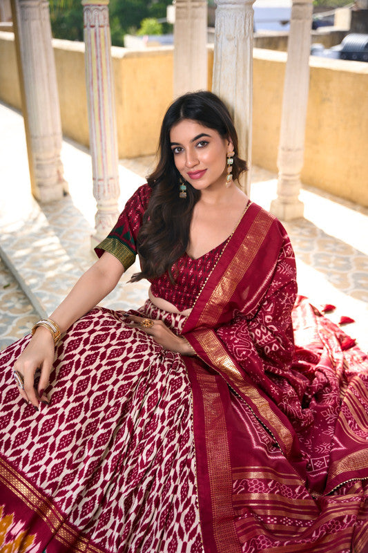 Maroon & Multi Coloured Tussar Silk with Beautiful Ikkat Print & Foil work Women Ethnic Festival wear Lehenga Choli & Dupatta!!