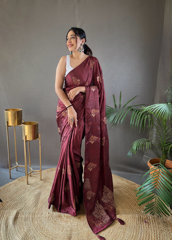 Maroon Coloured Soft Silk with Zari, Embroidery and Piping Work Women Ethnic/Party wear Silk Saree with Running Butti Blouse!!