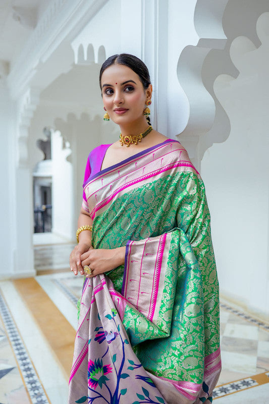 Green & Multi Coloured Soft Kanjivaram Silk with Rich Paithani Pallu Women Ethnic/Festival wear Soft Silk Saree with Contrast Blouse!!