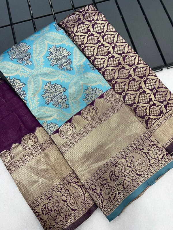 Sky Blue & Wine Coloured Kanjivaram Pattu Silk with Zari Women Ethnic Party wear Lehenga choli ( Half Saree) & Banarasi Silk Dupatta!!