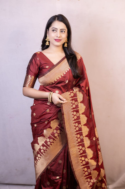 Maroon Coloured with Zari Woven Women Ethnic/Festival wear Banarasi Tree Design Soft Silk Saree with Zari Woven Blouse!!