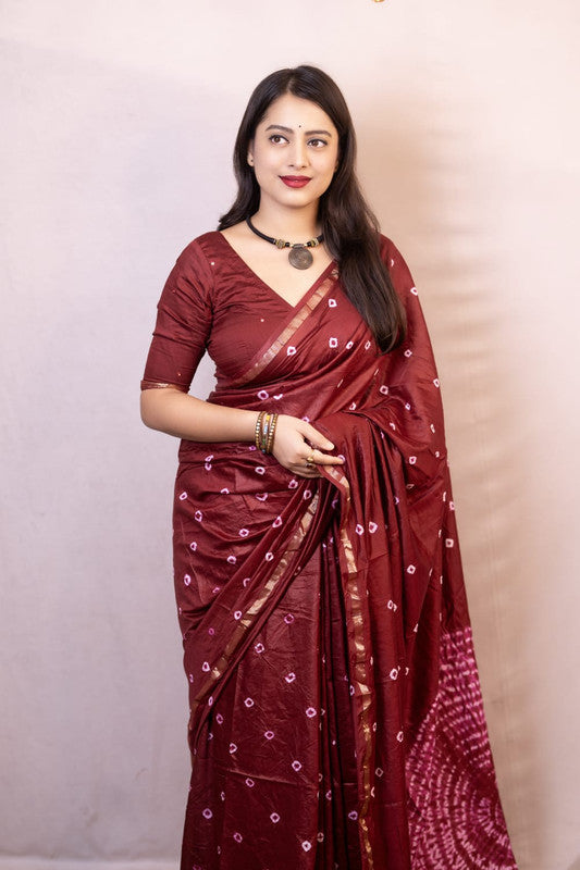 Maroon Coloured Chanderi Cotton with Bandhani Print & Big Tied Pallu Women Party/Festival wear Chanderi Cotton Saree with Aari Mirror Blouse!!